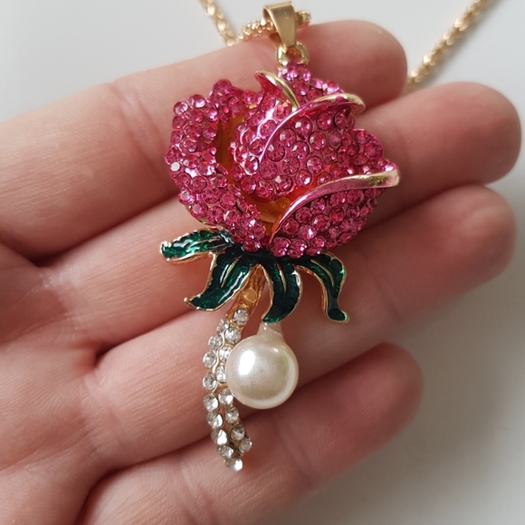 Betsey Johnson Style Necklace Crystal Rose Pendant Chain with Pearl - Picture 7 of 15
